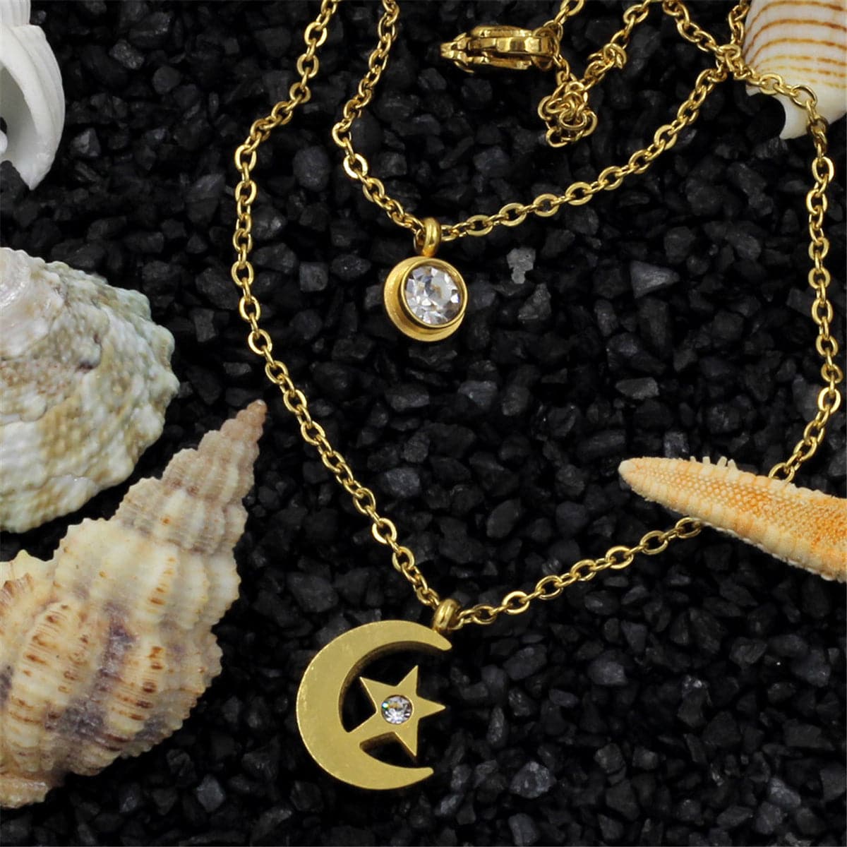 Cubic Zirconia & 18K Gold-Plated Moon Pendant Layered Necklace