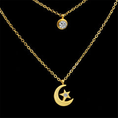 Cubic Zirconia & 18K Gold-Plated Moon Pendant Layered Necklace