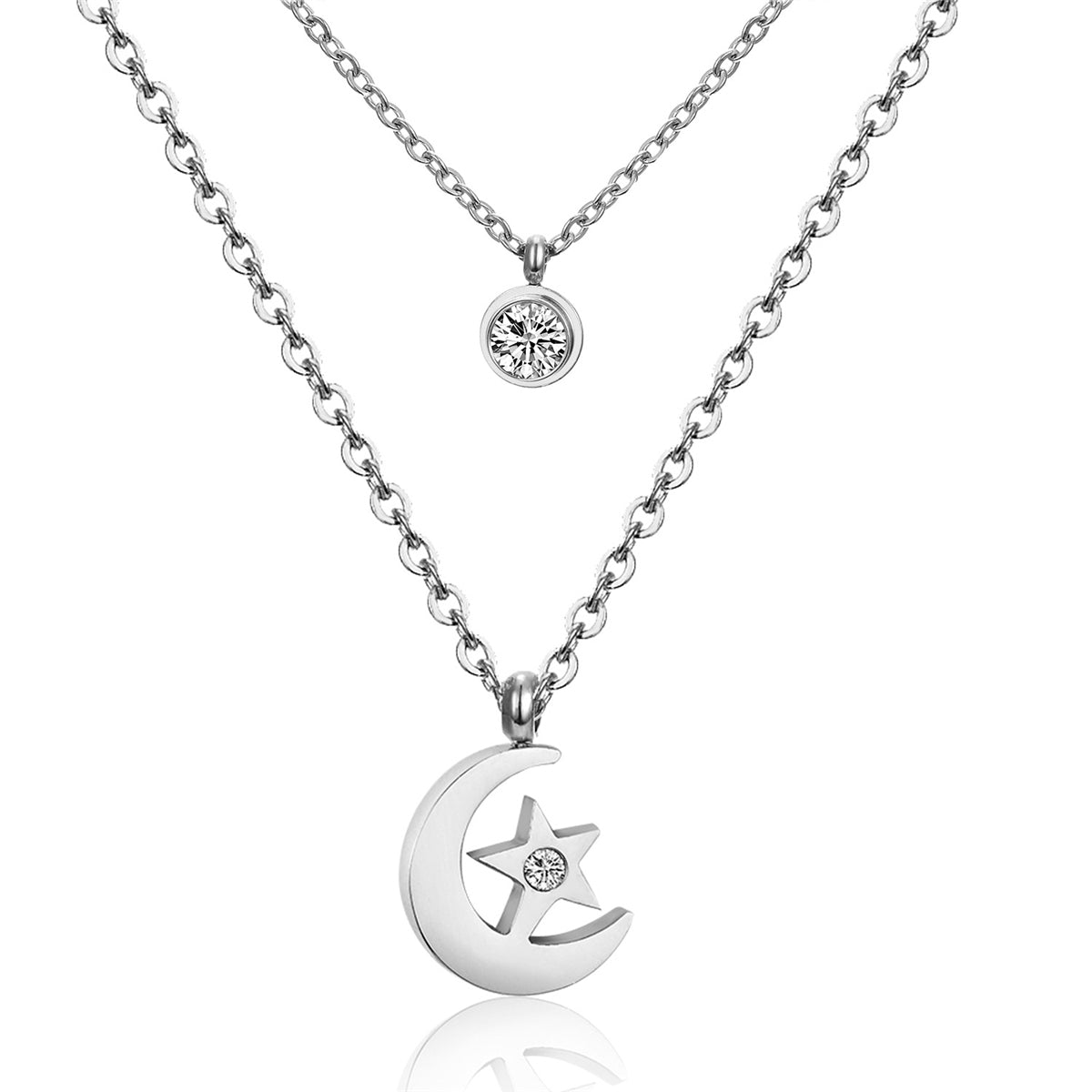 Cubic Zirconia & Silver-Plated Moon Layered Pendant Necklace