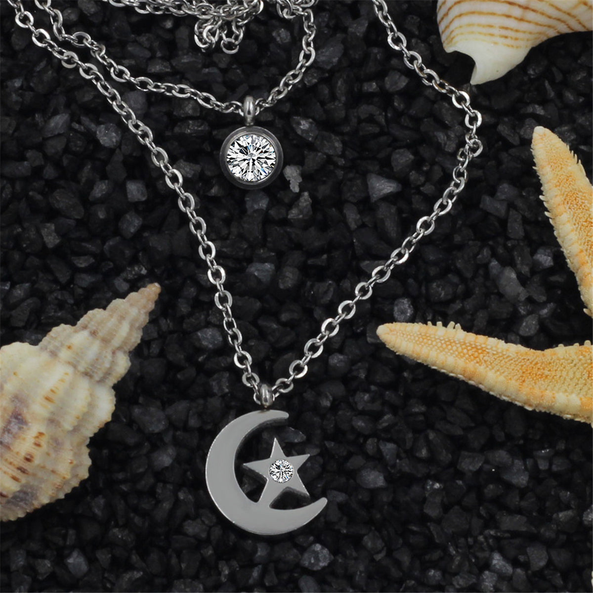 Cubic Zirconia & Silver-Plated Moon Layered Pendant Necklace