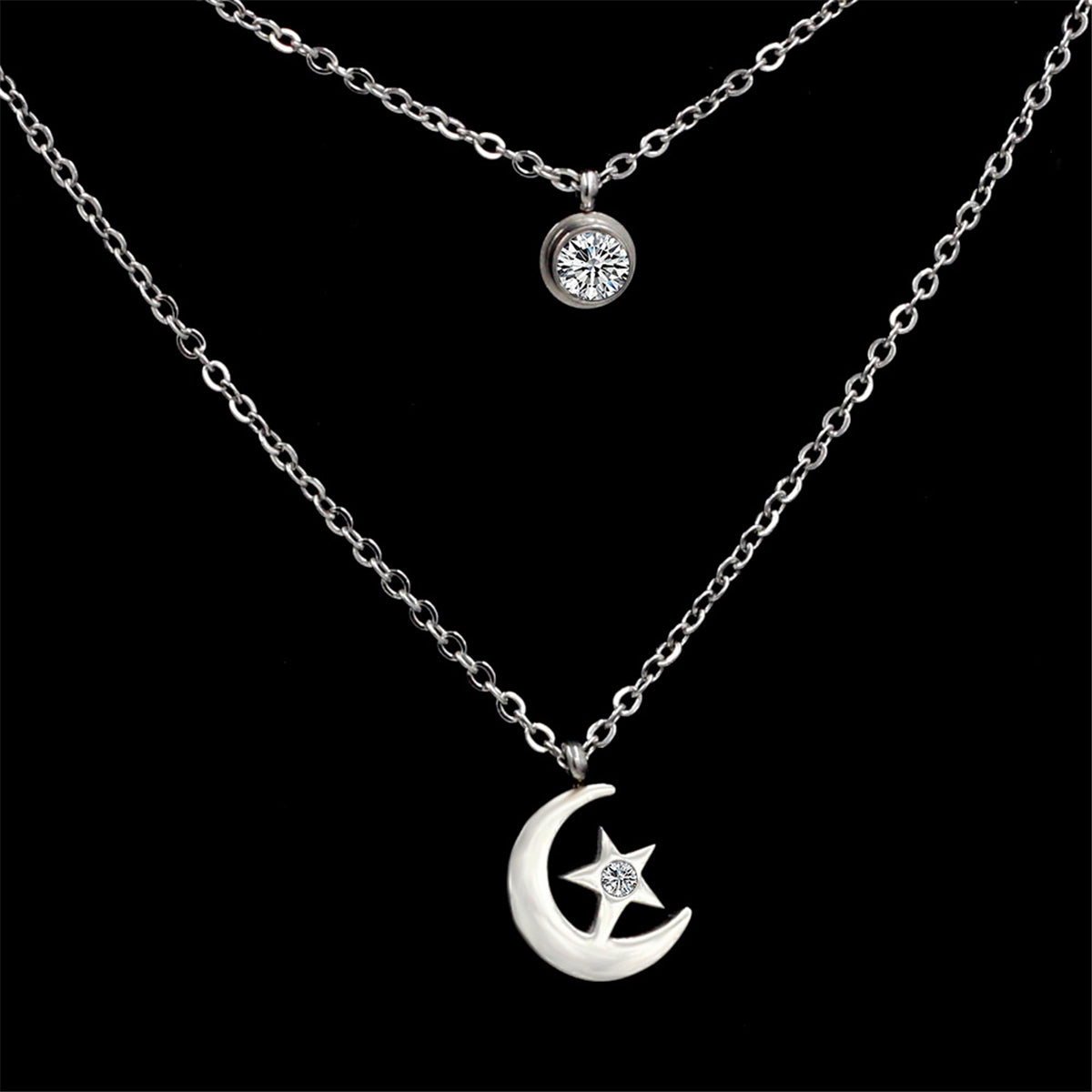 Cubic Zirconia & Silver-Plated Moon Layered Pendant Necklace