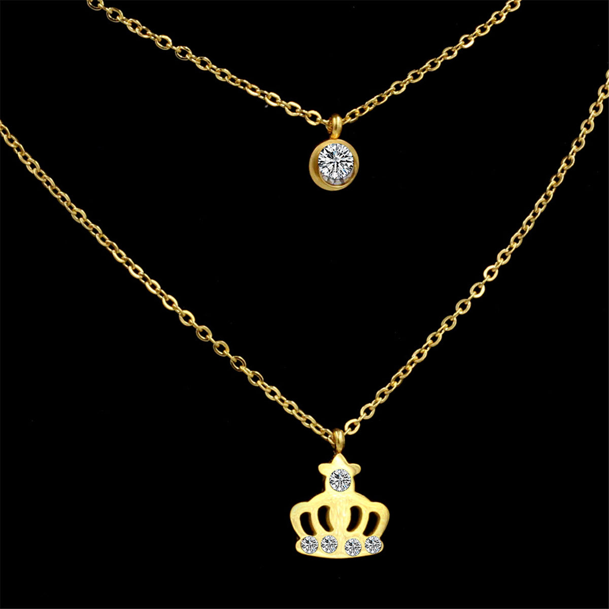 Cubic Zirconia & 18K Gold-Plated Crown Layered Pendant Necklace