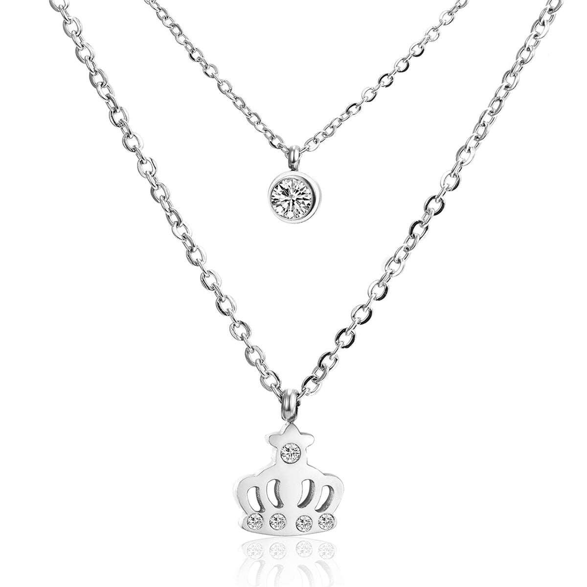 Cubic Zirconia & Silver-Plated Crown Layered Pendant Necklace