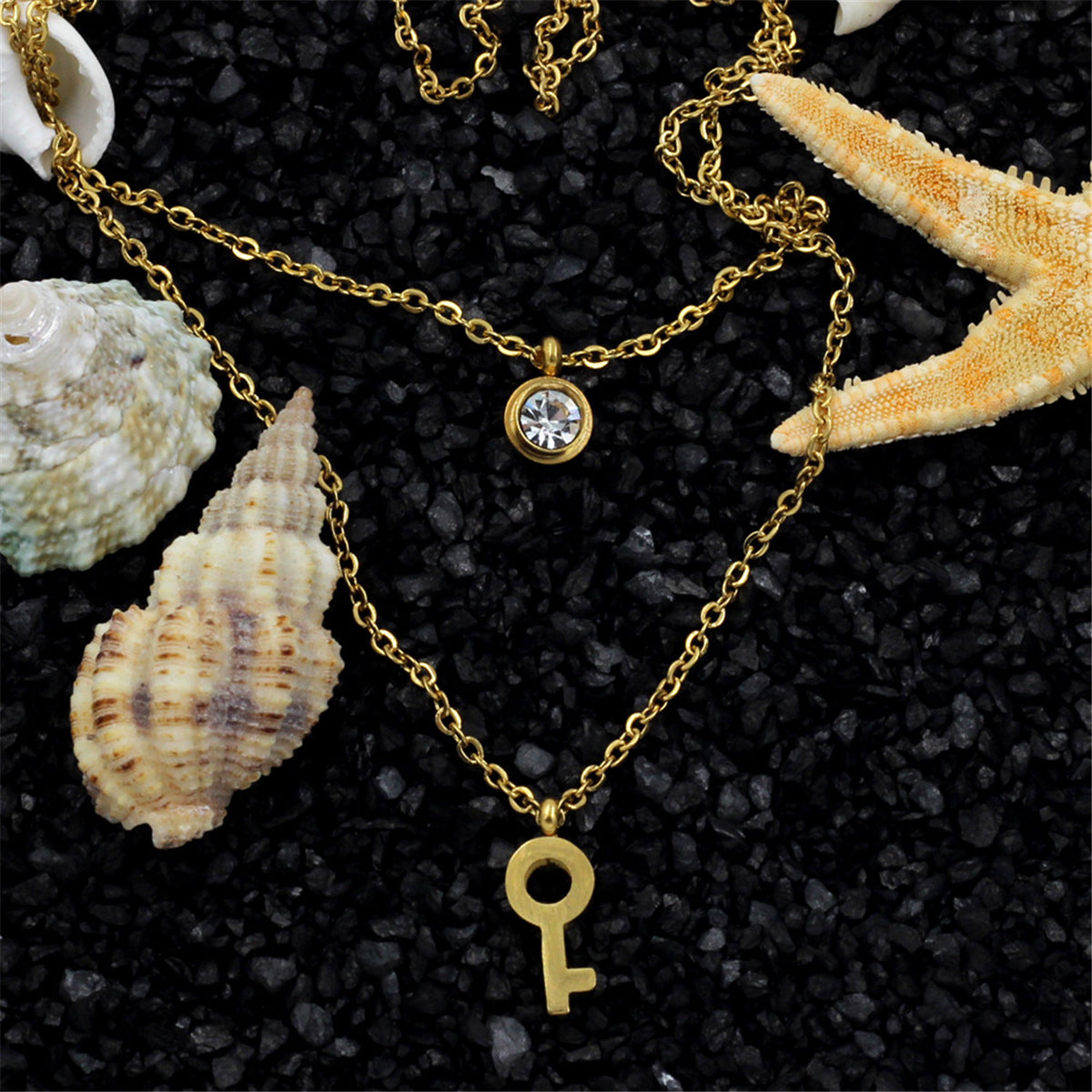 Cubic Zirconia & 18K Gold-Plated Key Layered Pendant Necklace