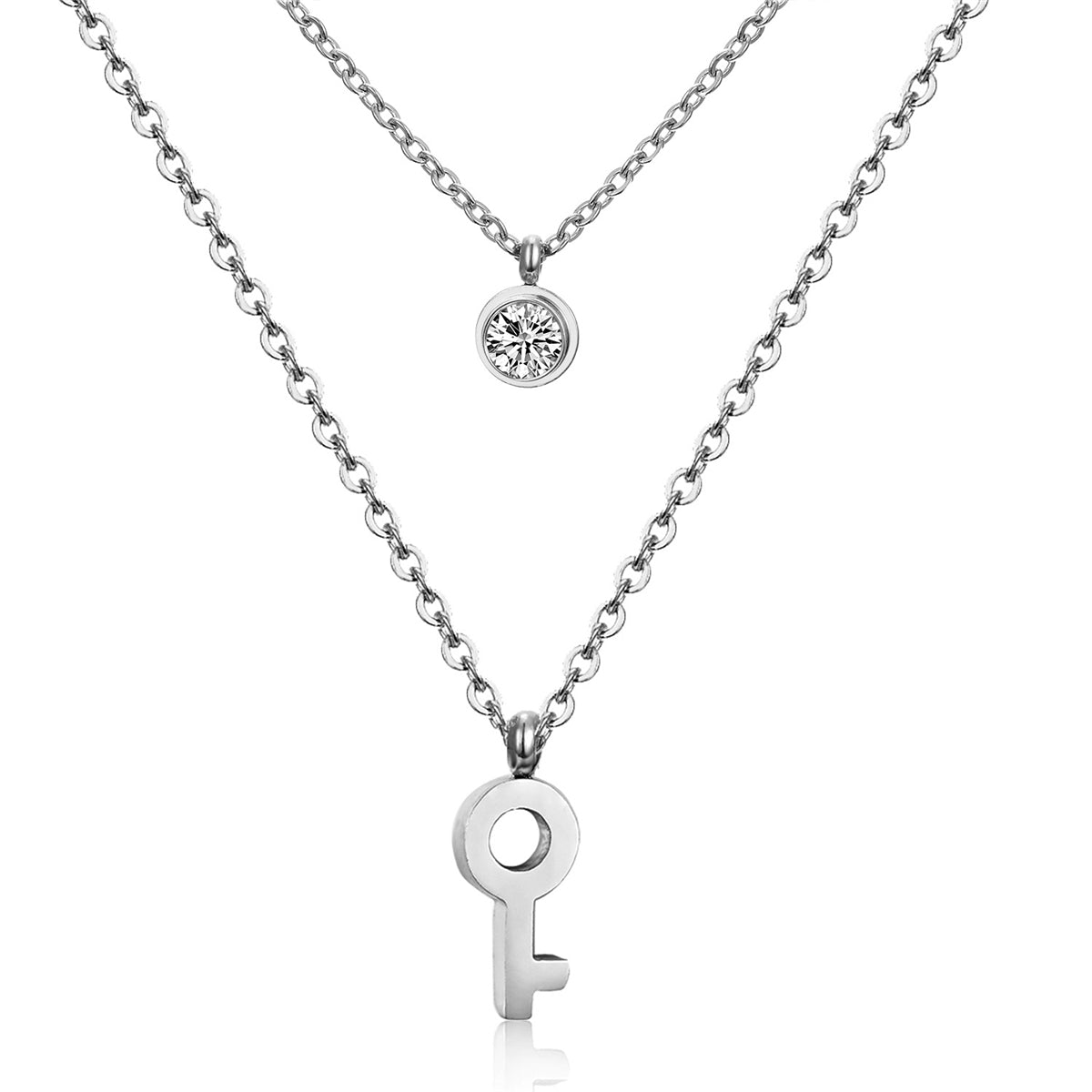 Cubic Zirconia & Silver-Plated Key Pendant Layered Necklace