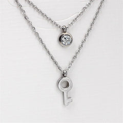 Cubic Zirconia & Silver-Plated Key Pendant Layered Necklace