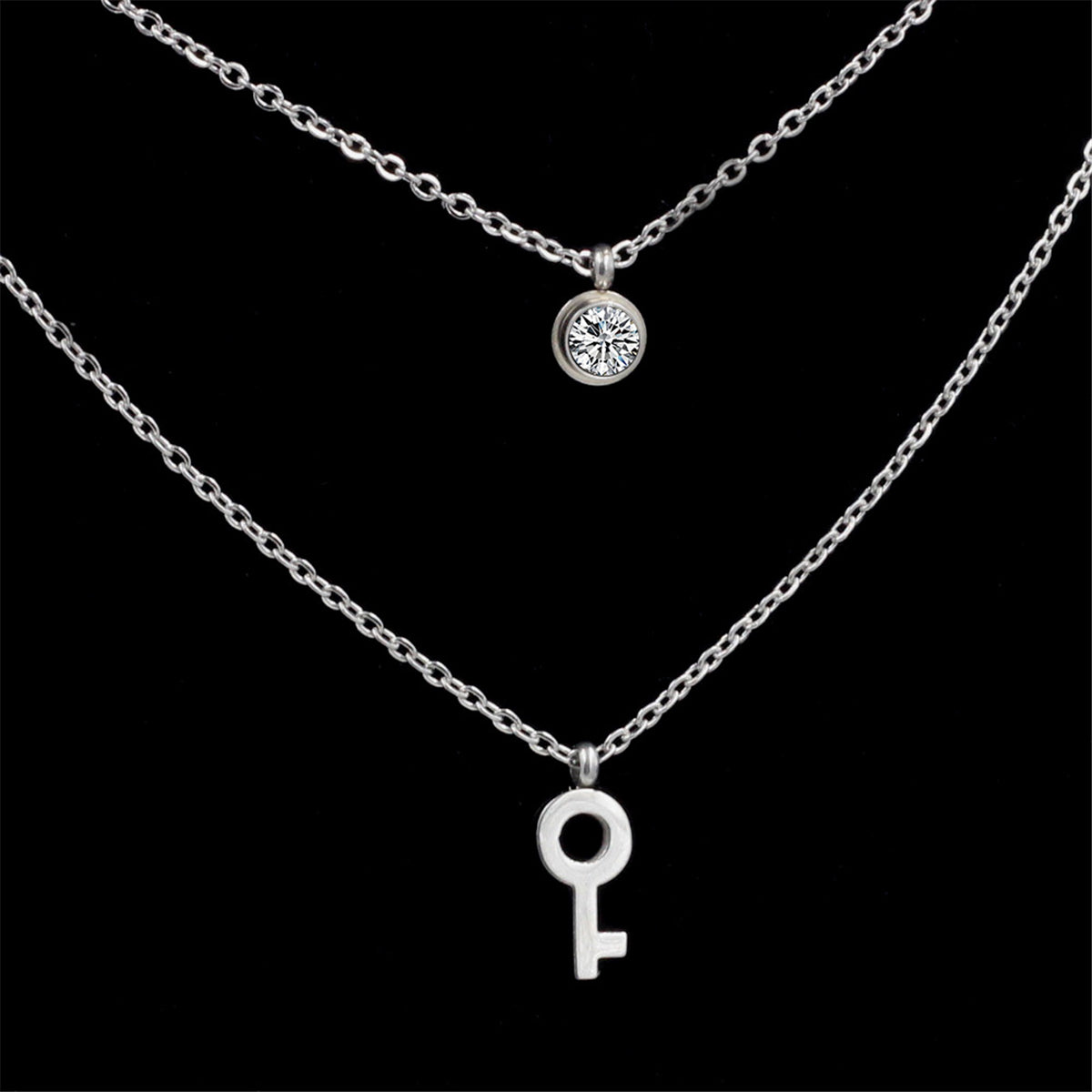 Cubic Zirconia & Silver-Plated Key Pendant Layered Necklace