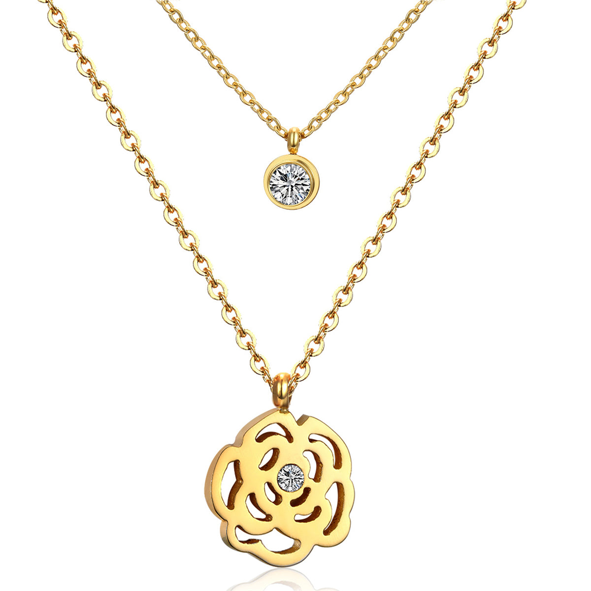 Cubic Zirconia & 18K Gold-Plated Rose Layered Pendant Necklace