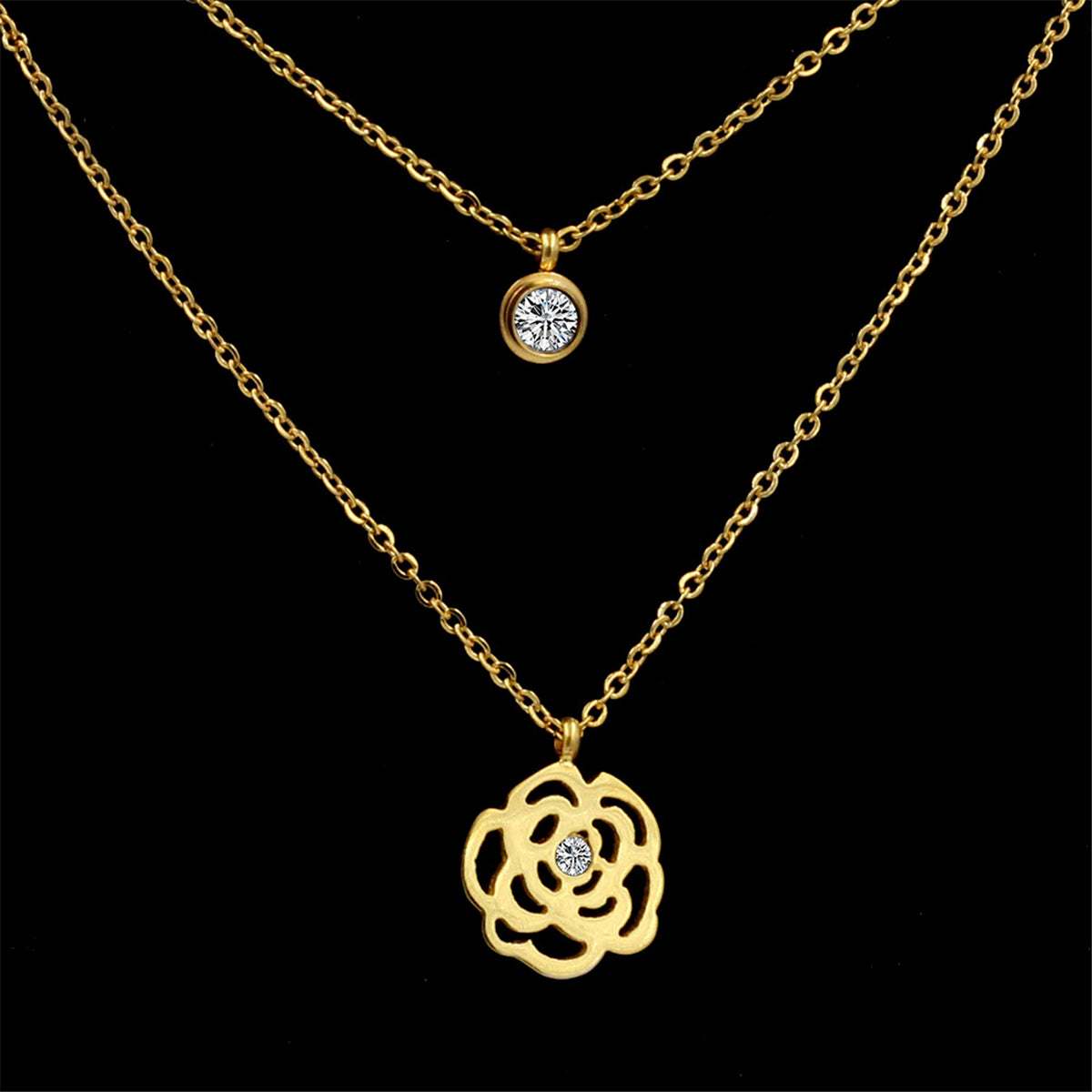 Cubic Zirconia & 18K Gold-Plated Rose Layered Pendant Necklace