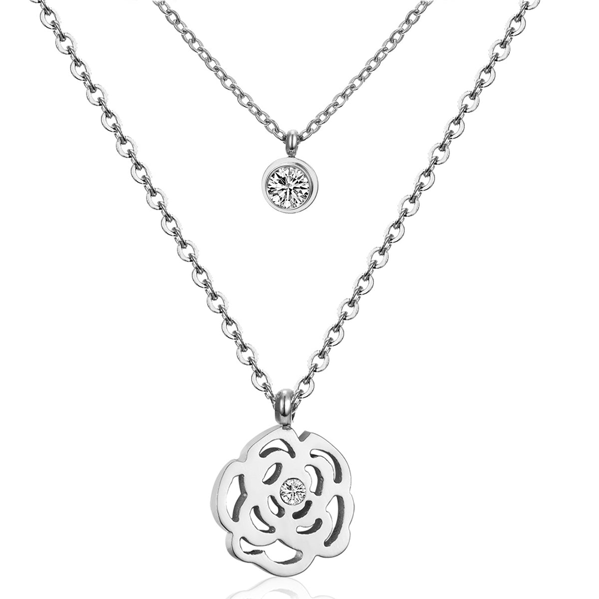 Cubic Zirconia & Silver-Plated Rose Layered Pendant Necklace