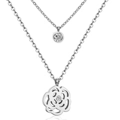 Cubic Zirconia & Silver-Plated Rose Layered Pendant Necklace