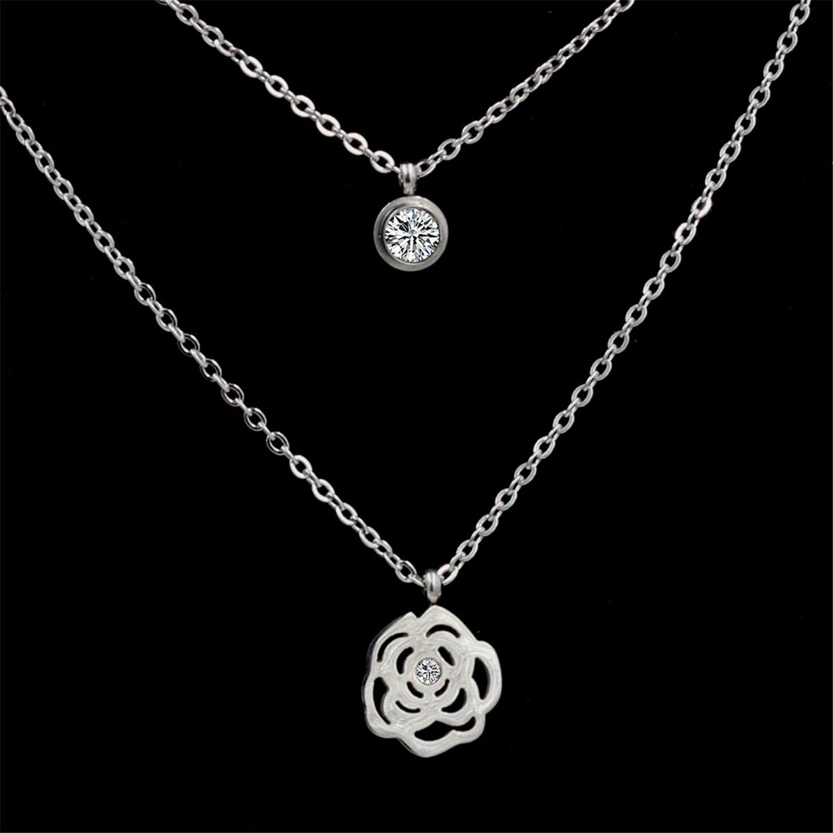 Cubic Zirconia & Silver-Plated Rose Layered Pendant Necklace