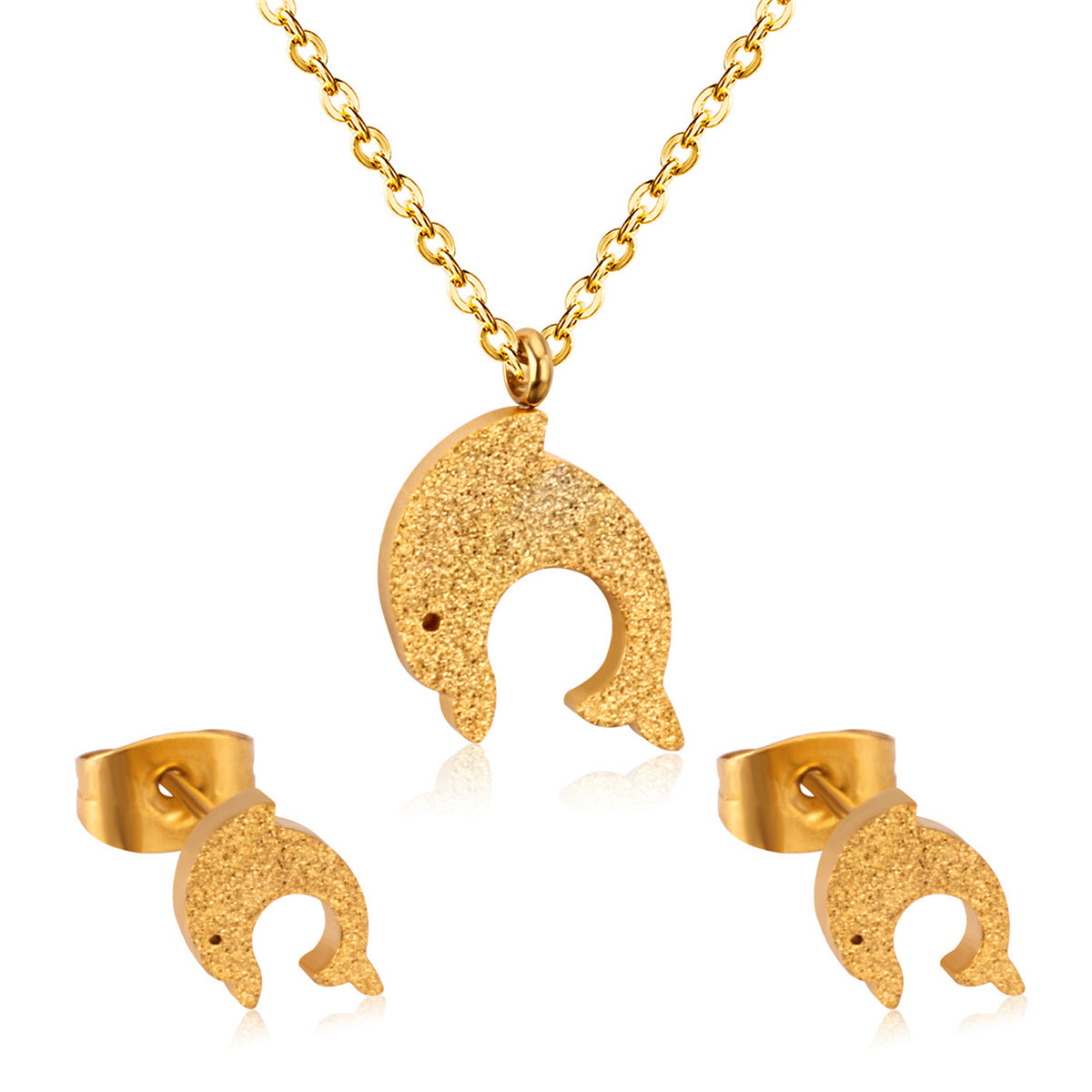 18K Gold-Plated Frosted Dolphin Stud Earrings & Pendant Necklace