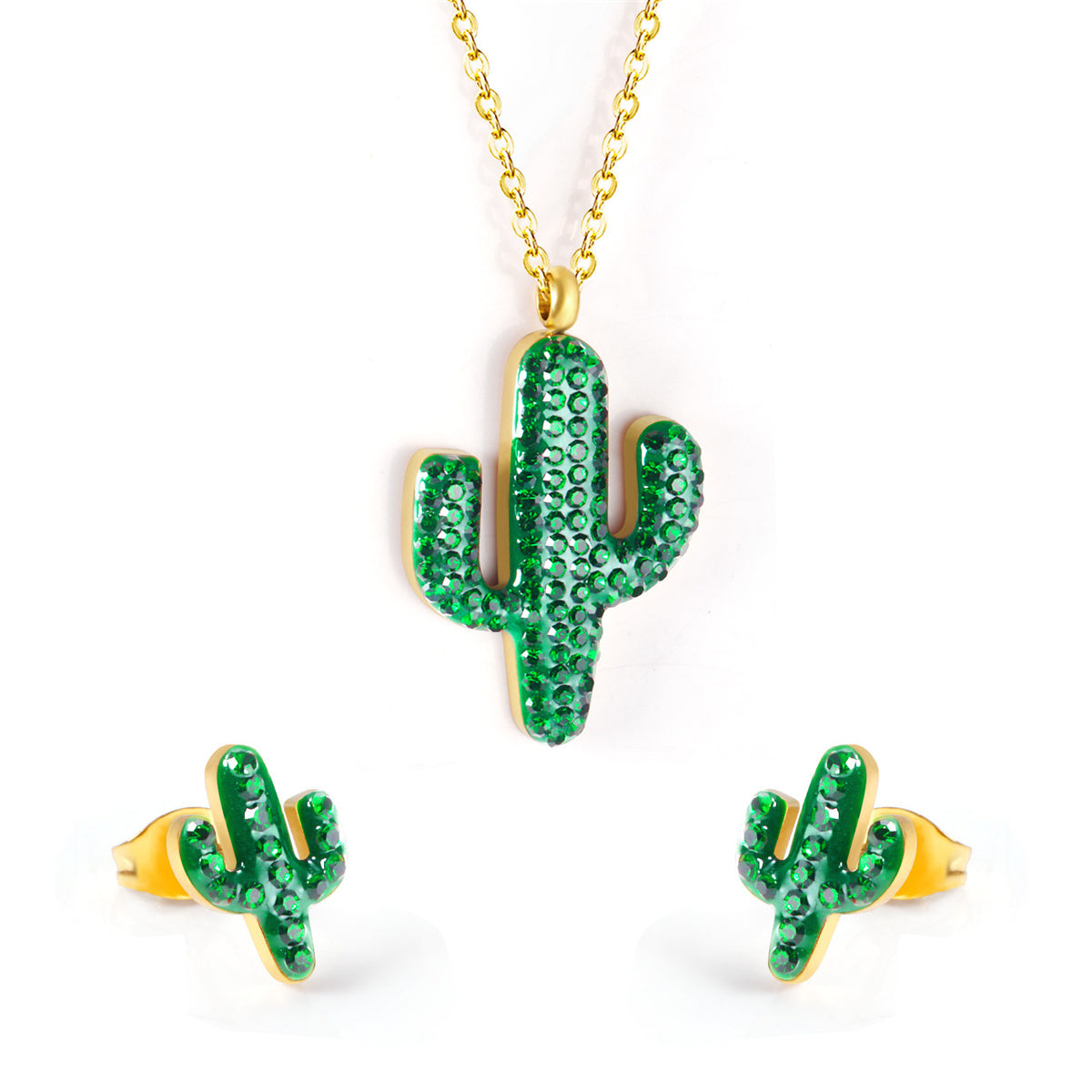 Green Resin & Cubic Zirconia 18K Gold-Plated Pendant Necklace & Stud Earrings