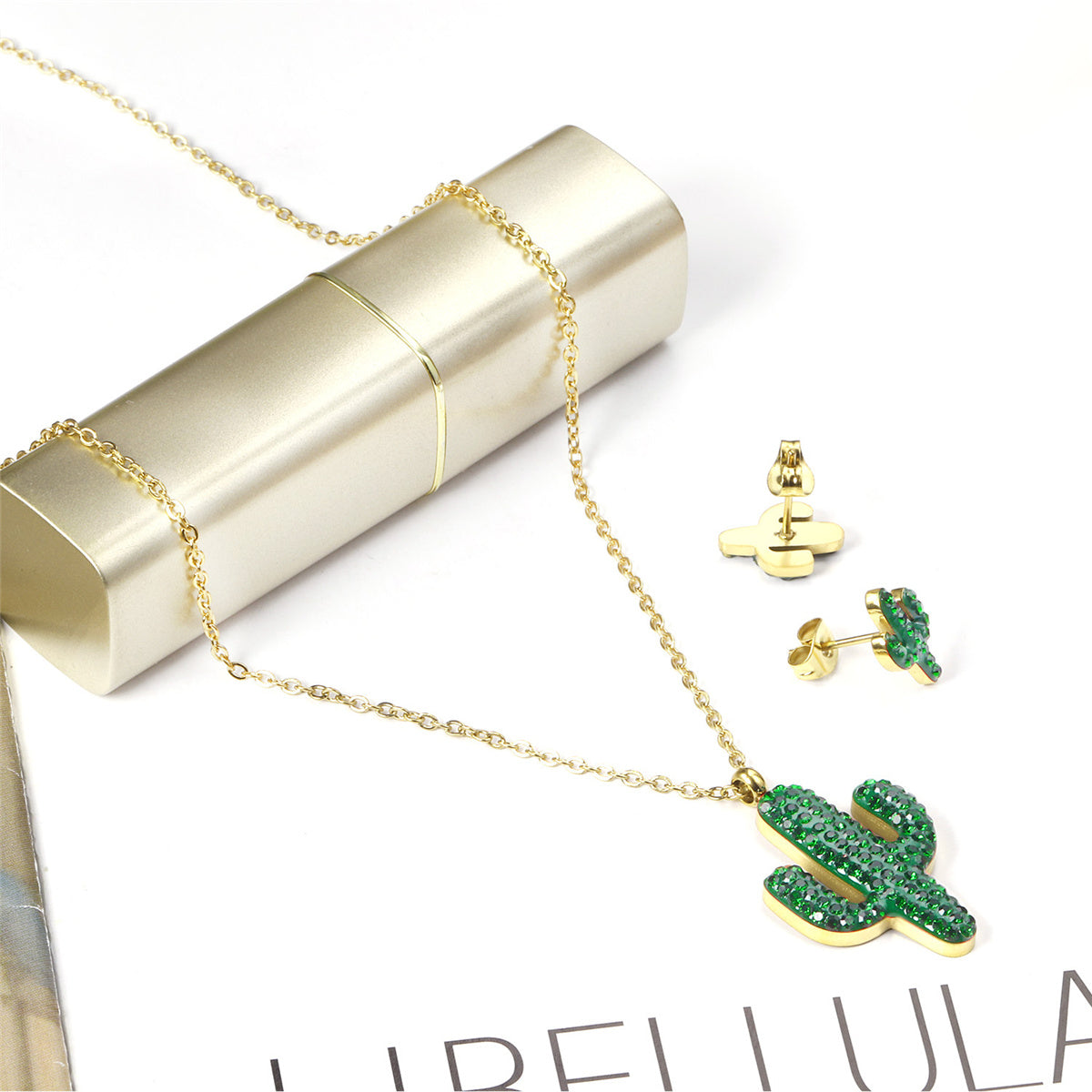 Green Resin & Cubic Zirconia 18K Gold-Plated Pendant Necklace & Stud Earrings