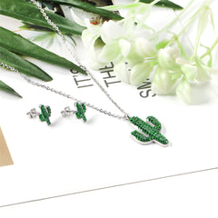 Green & Cubic Zirconia Pendant Necklace & Stud Earrings