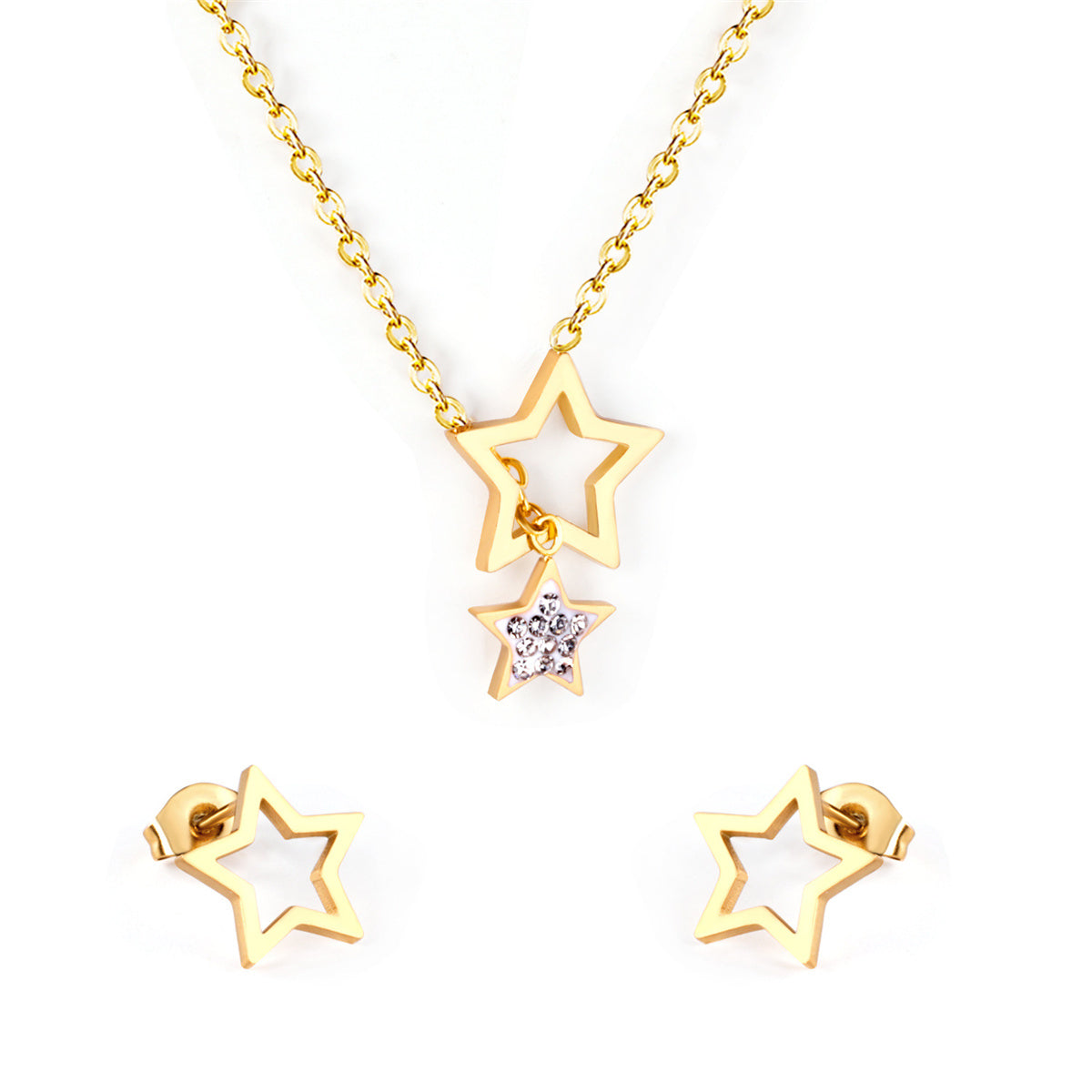 Clear Cubic Zirconia & 18K Gold-Plated Star Stud Earrings & Lariat Necklace