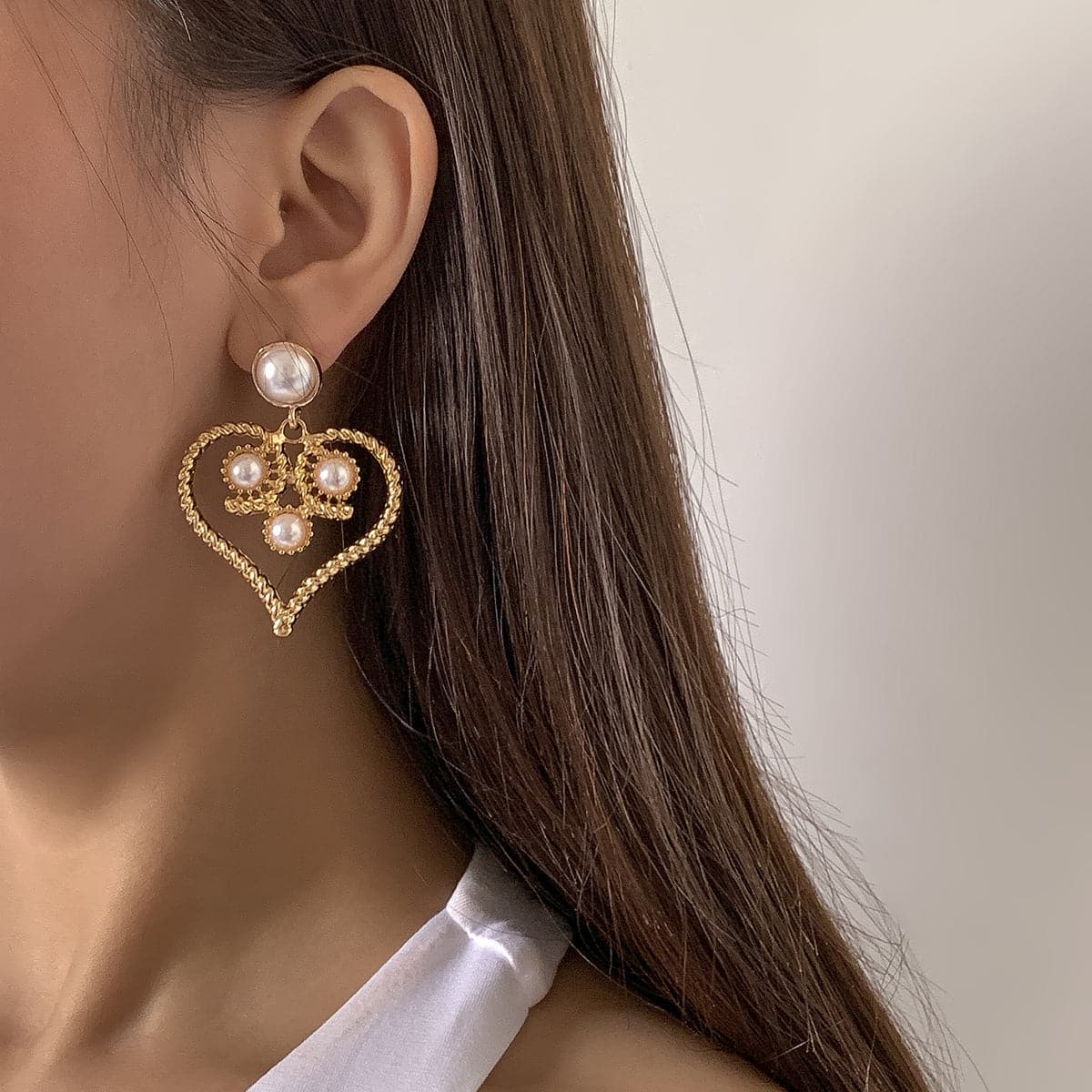 Pearl & 18K Gold-Plated Openwork Twist Heart Drop Earrings