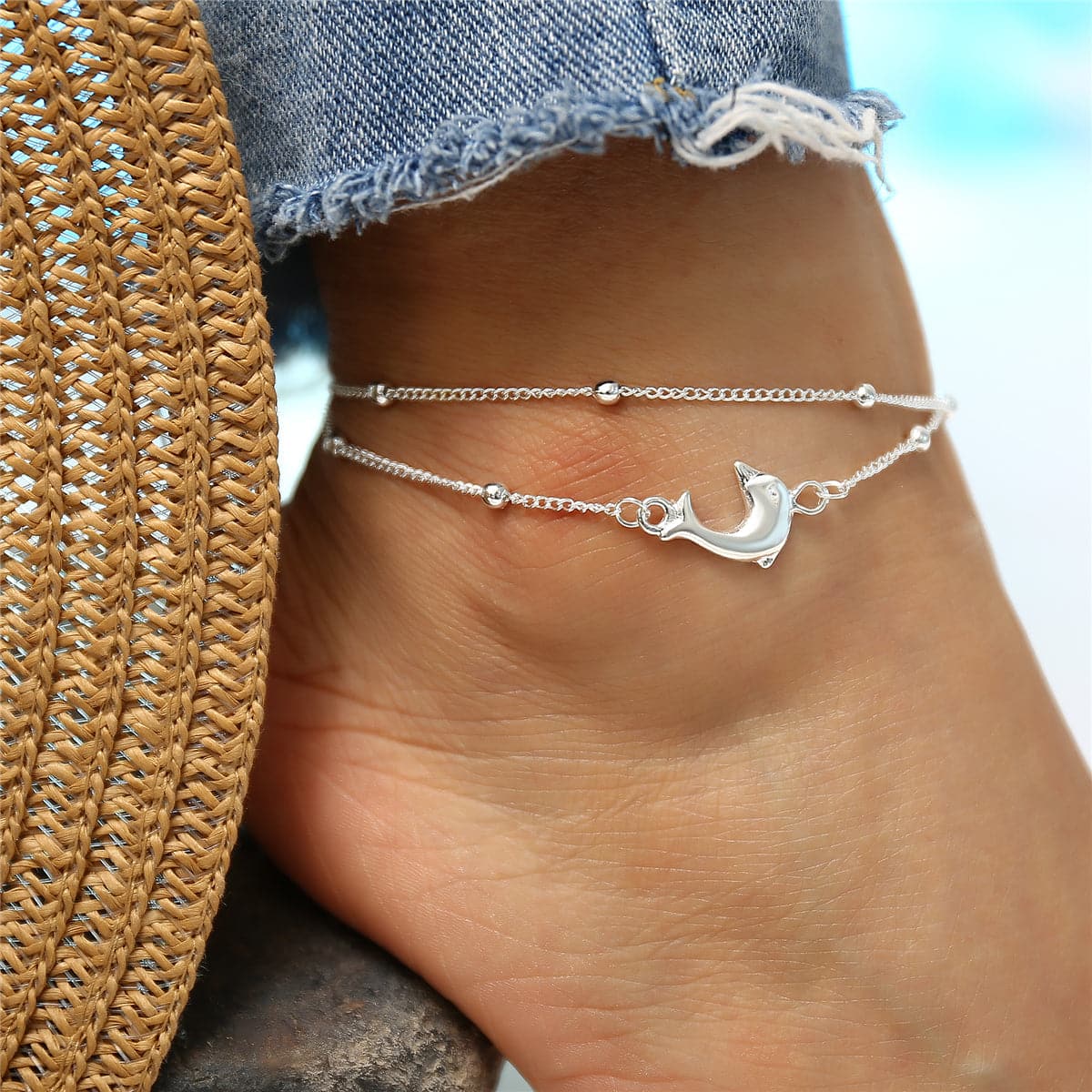 Silver-Plated Dolphin Layered Charm Anklet