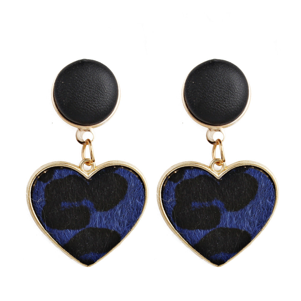 Blue Leopard Gabardine Heart Leather Drop Earrings