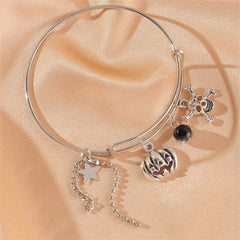 Black Glass & Silver-Plated Pumpkin Skull Charm Adjustable Bangle