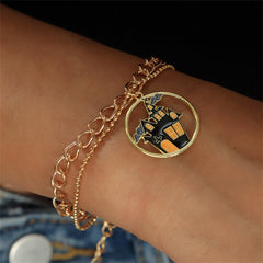 Black Enamel & 18K Gold-Plated Castle Layered Charm Bracelet