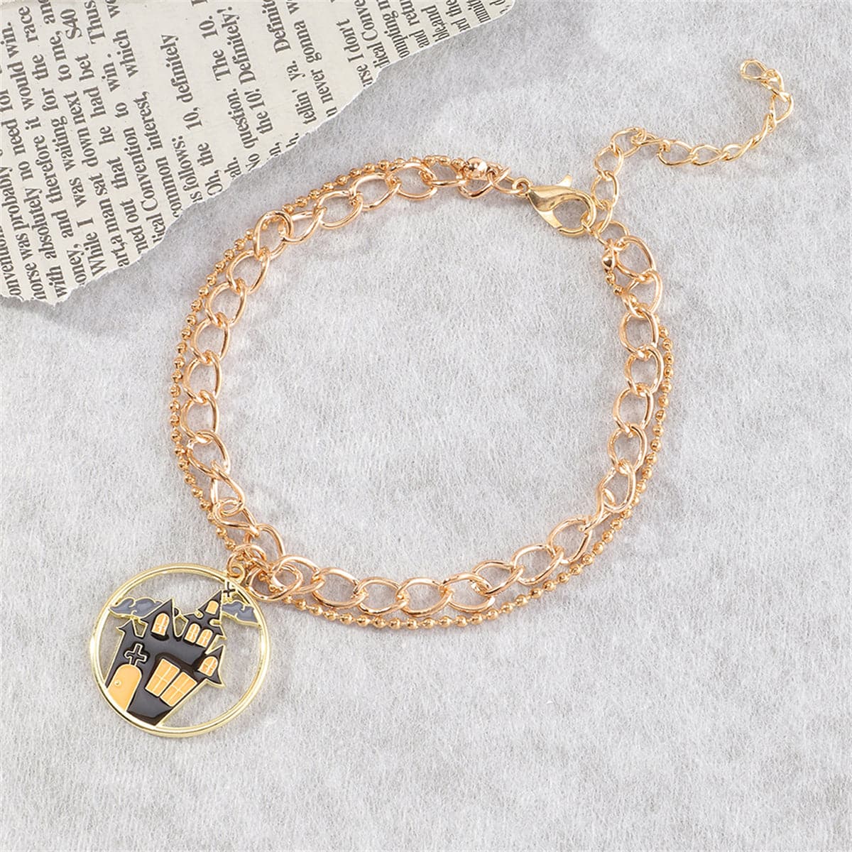 Black Enamel & 18K Gold-Plated Castle Layered Charm Bracelet