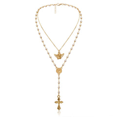 Pearl & 18K Gold-Plated Cross Layered Station Pendant Necklace