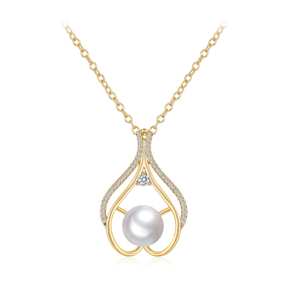 White Pearl & Cubic Zirconia 18K Gold-Plated Heart Pendant Necklace