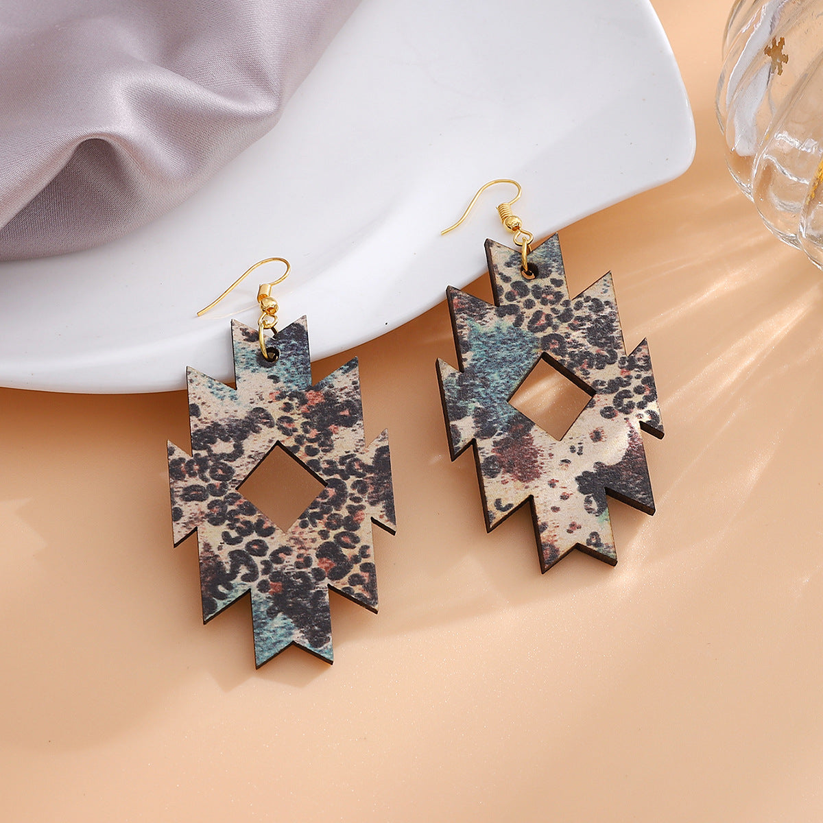 Brown Wood & 18K Gold-Plated Leopard Print Geometric Drop Earrings