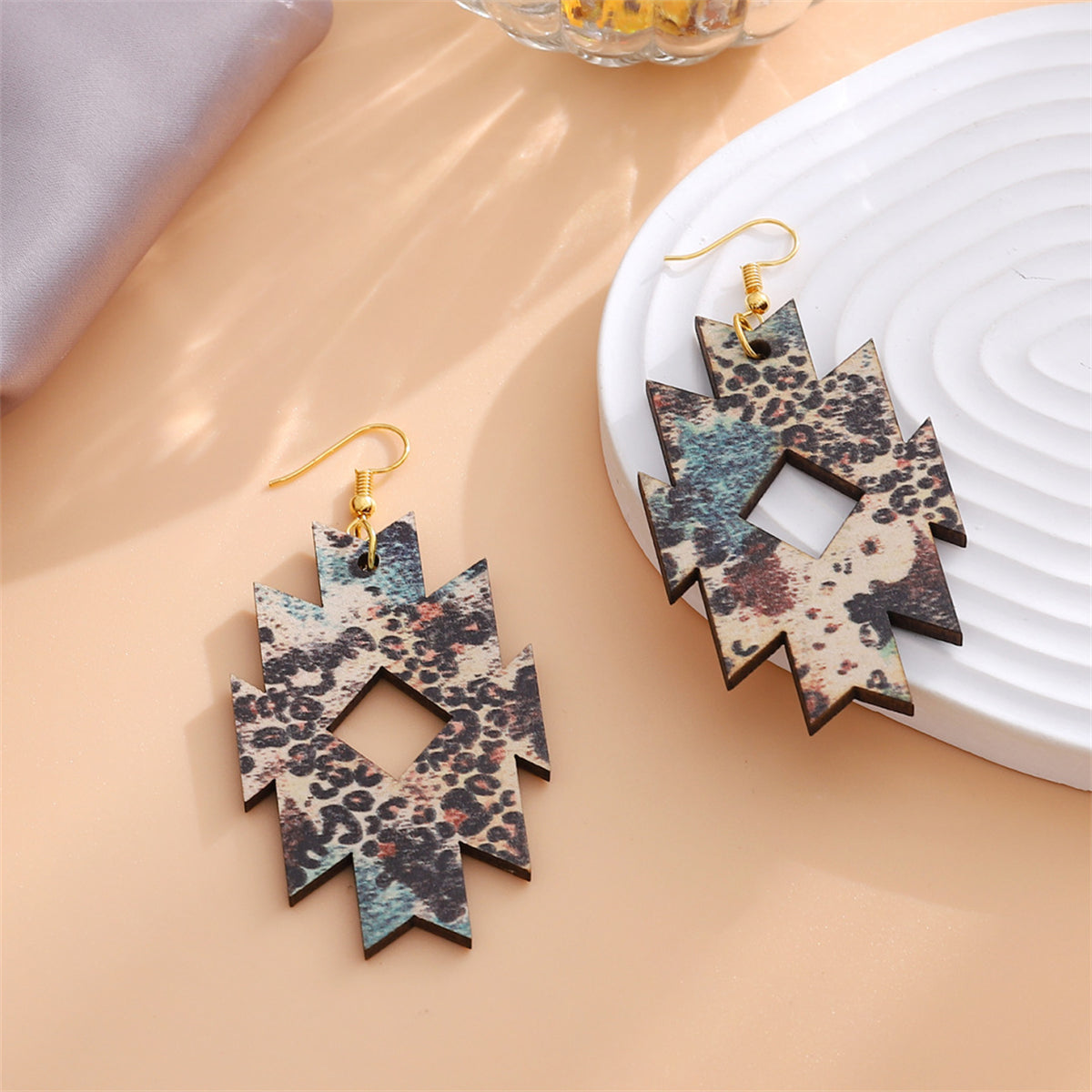 Brown Wood & 18K Gold-Plated Leopard Print Geometric Drop Earrings