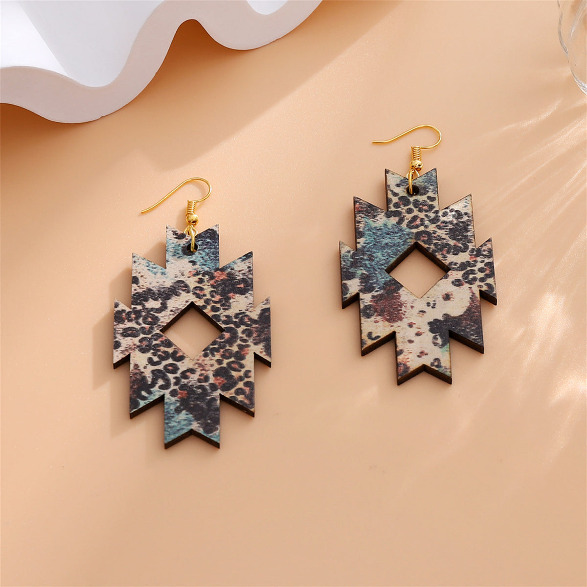 Brown Wood & 18K Gold-Plated Leopard Print Geometric Drop Earrings