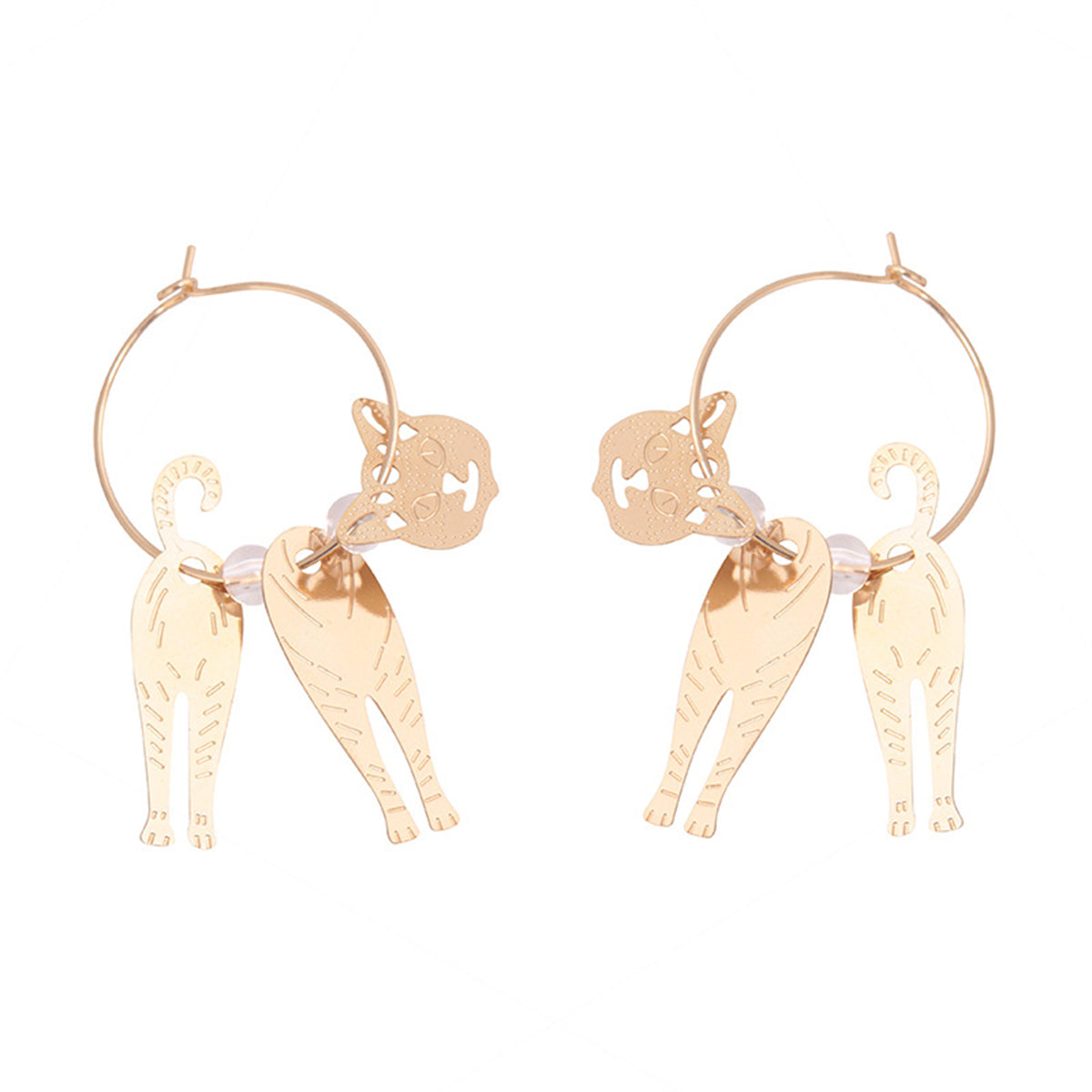 Stunning 18K gold-plated hoop earrings adorned with playful cat charms, a must-have for feline enthusiasts.