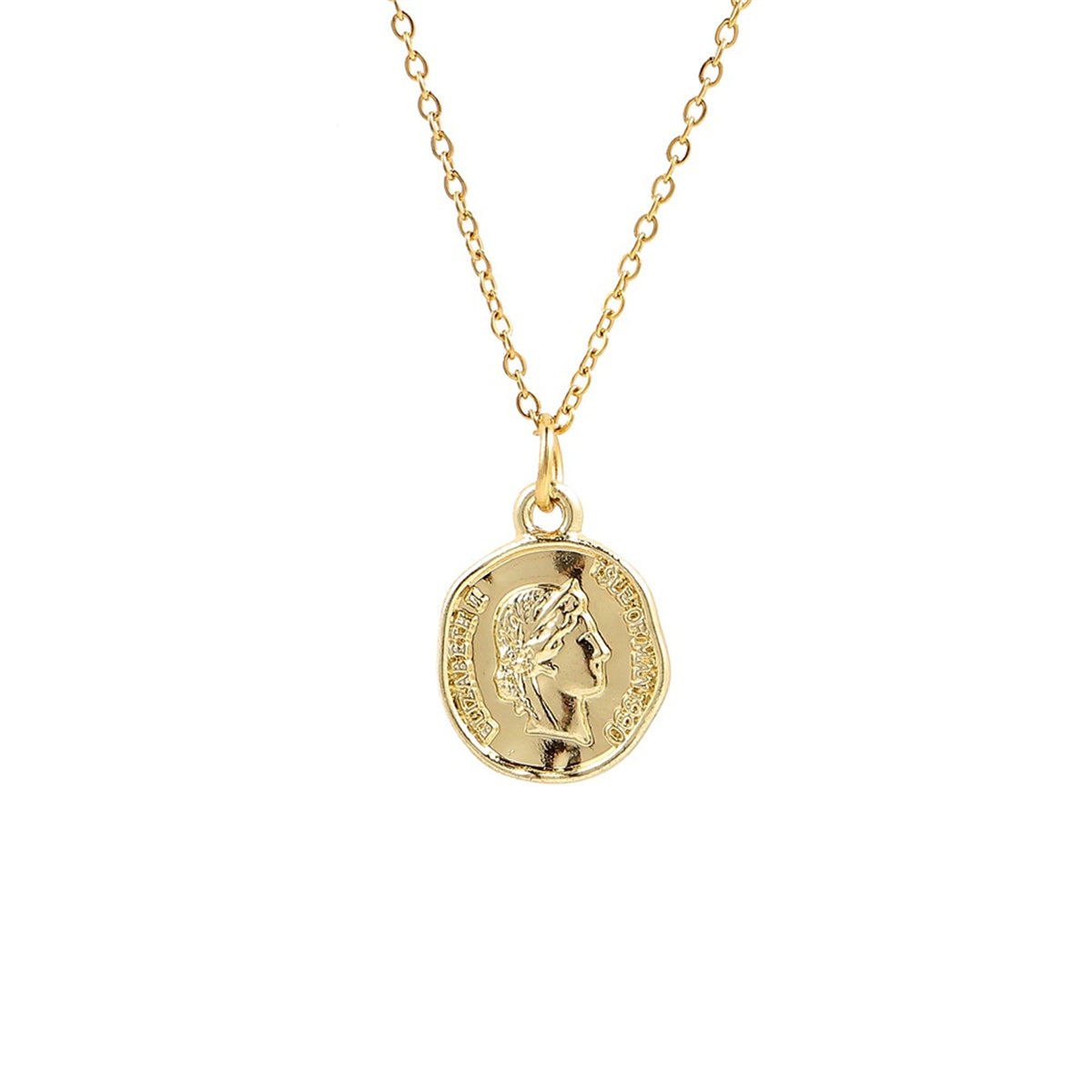 Stunning 18K gold-plated coin pendant necklace showcased against a pristine white background, emphasizing its elegance.