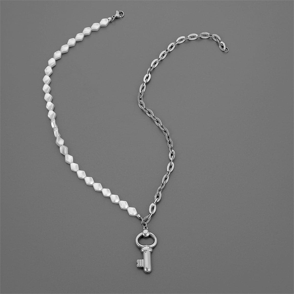 Pearl & Silver-Plated Key Pendant Necklace