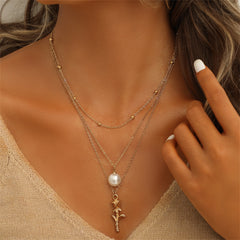 Pearl & 18K Gold-Plated Rose Layered Pendant Necklace