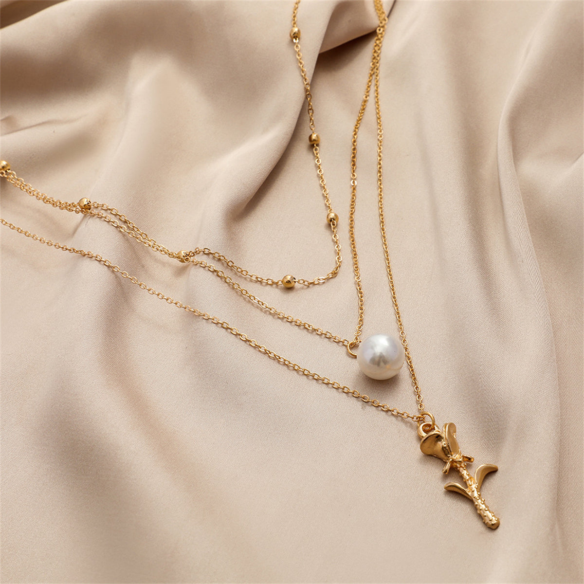 Pearl & 18K Gold-Plated Rose Layered Pendant Necklace