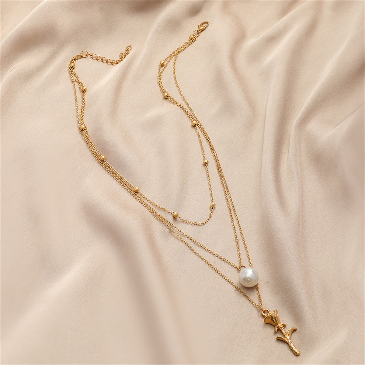 Pearl & 18K Gold-Plated Rose Layered Pendant Necklace