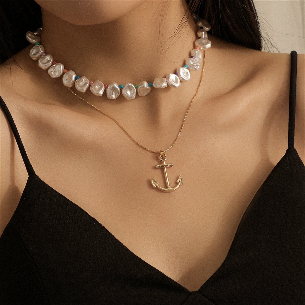 Multicolor Howlite & Pearl 18K Gold-Plated Anchor Pendant Necklace Set