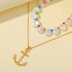 Multicolor Howlite & Pearl 18K Gold-Plated Anchor Pendant Necklace Set