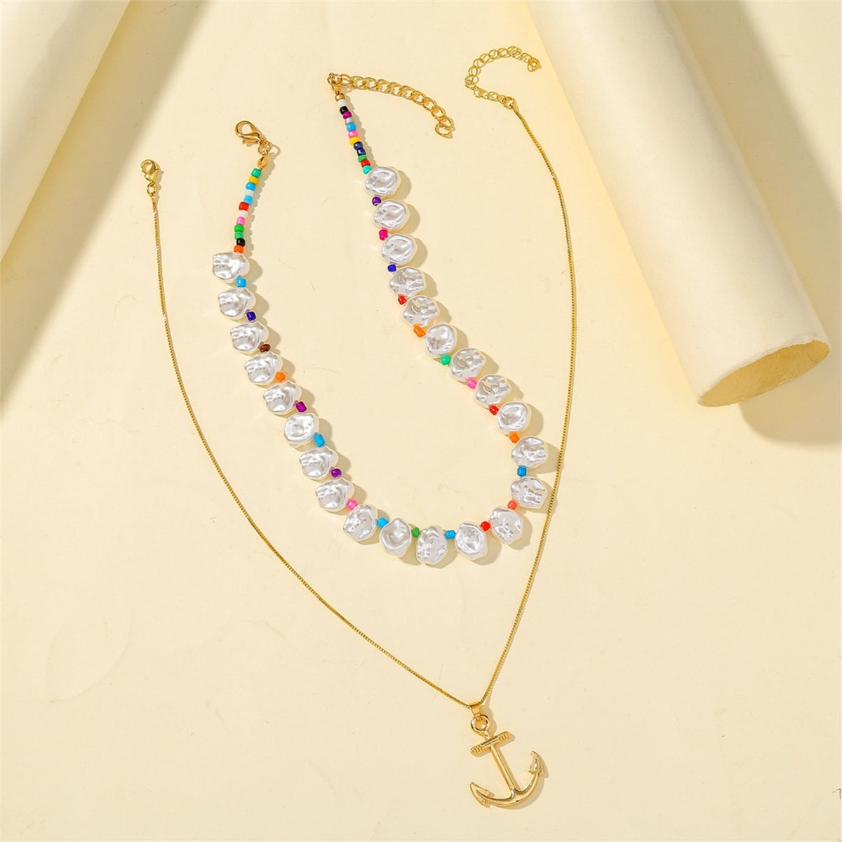 Multicolor Howlite & Pearl 18K Gold-Plated Anchor Pendant Necklace Set