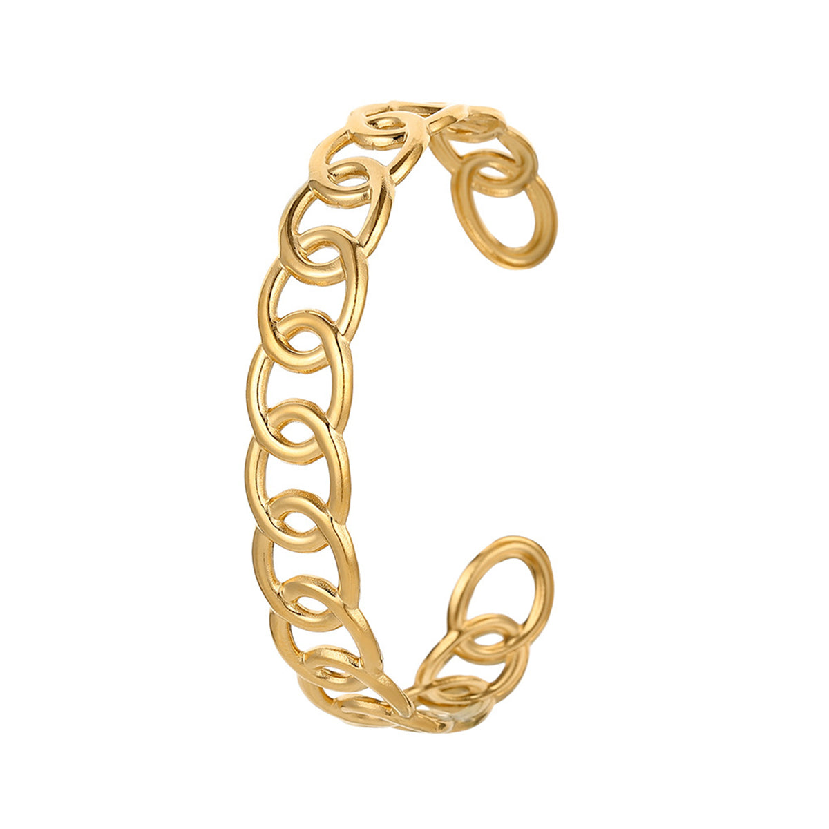 Stunning gold-plated chain bracelet with a chic link design, showcasing an open cuff style for a modern look.