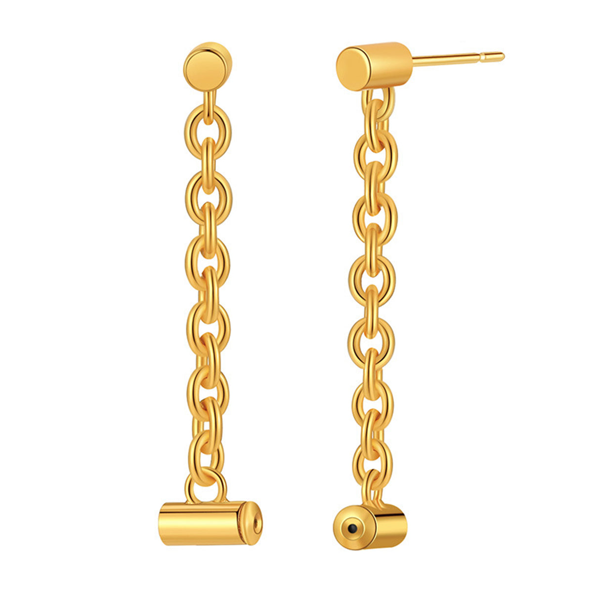 Elegant 18K gold-plated cylinder drop earrings featuring a stylish round bar design, perfect for any occasion.