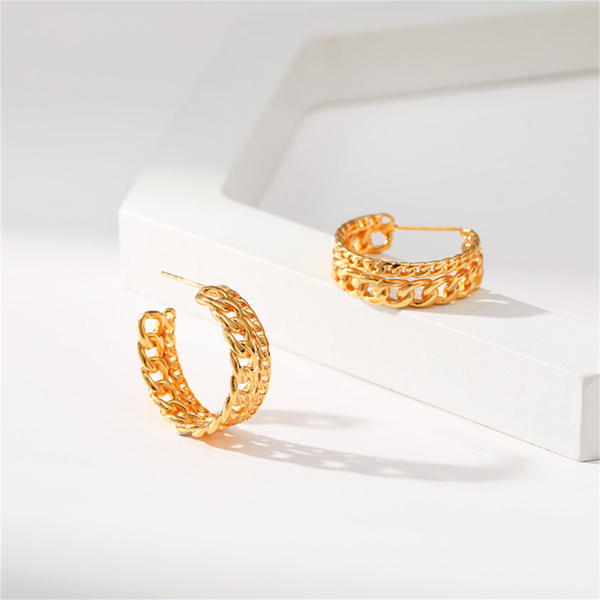 18K Gold-Plated Curb Chain Layered Huggie Earrings