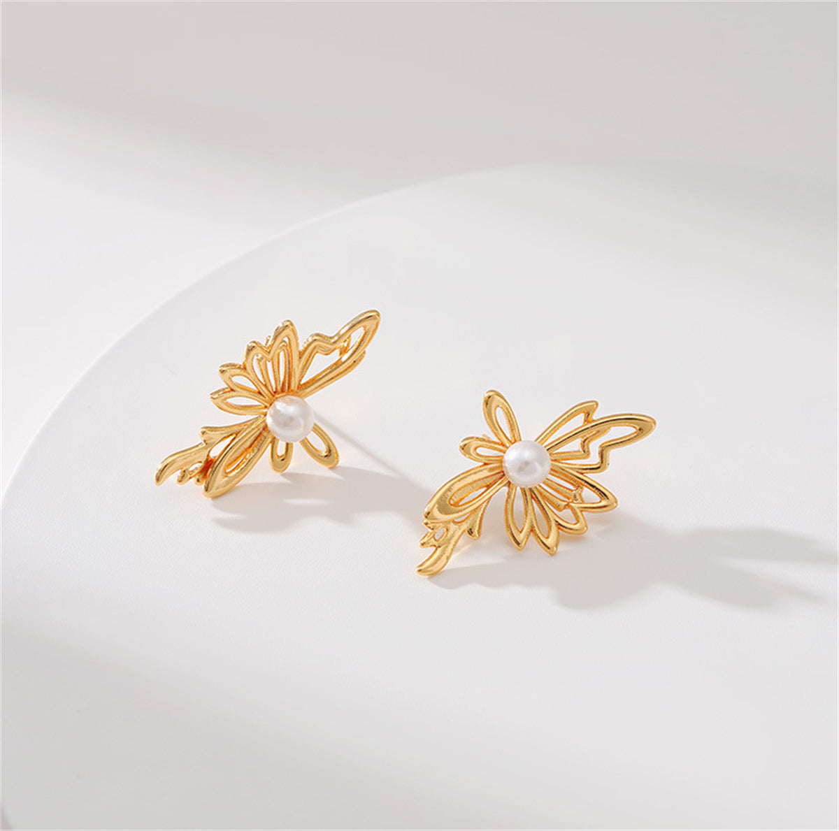 Pearl & 18K Gold-Plated Open Butterfly Stud Earrings