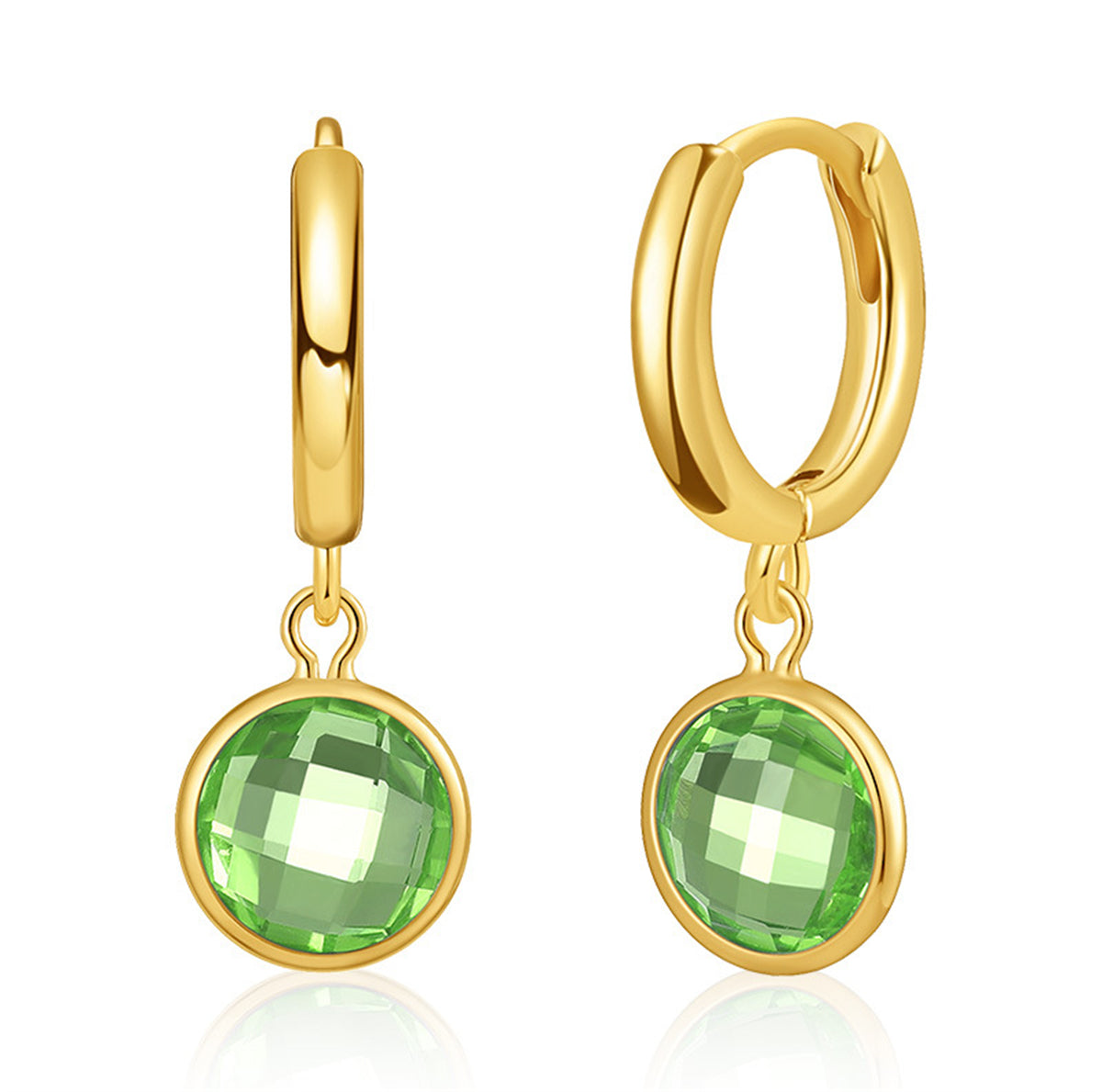 Gold-plated round huggie earrings featuring light green crystals, elegantly designed for a sophisticated look.