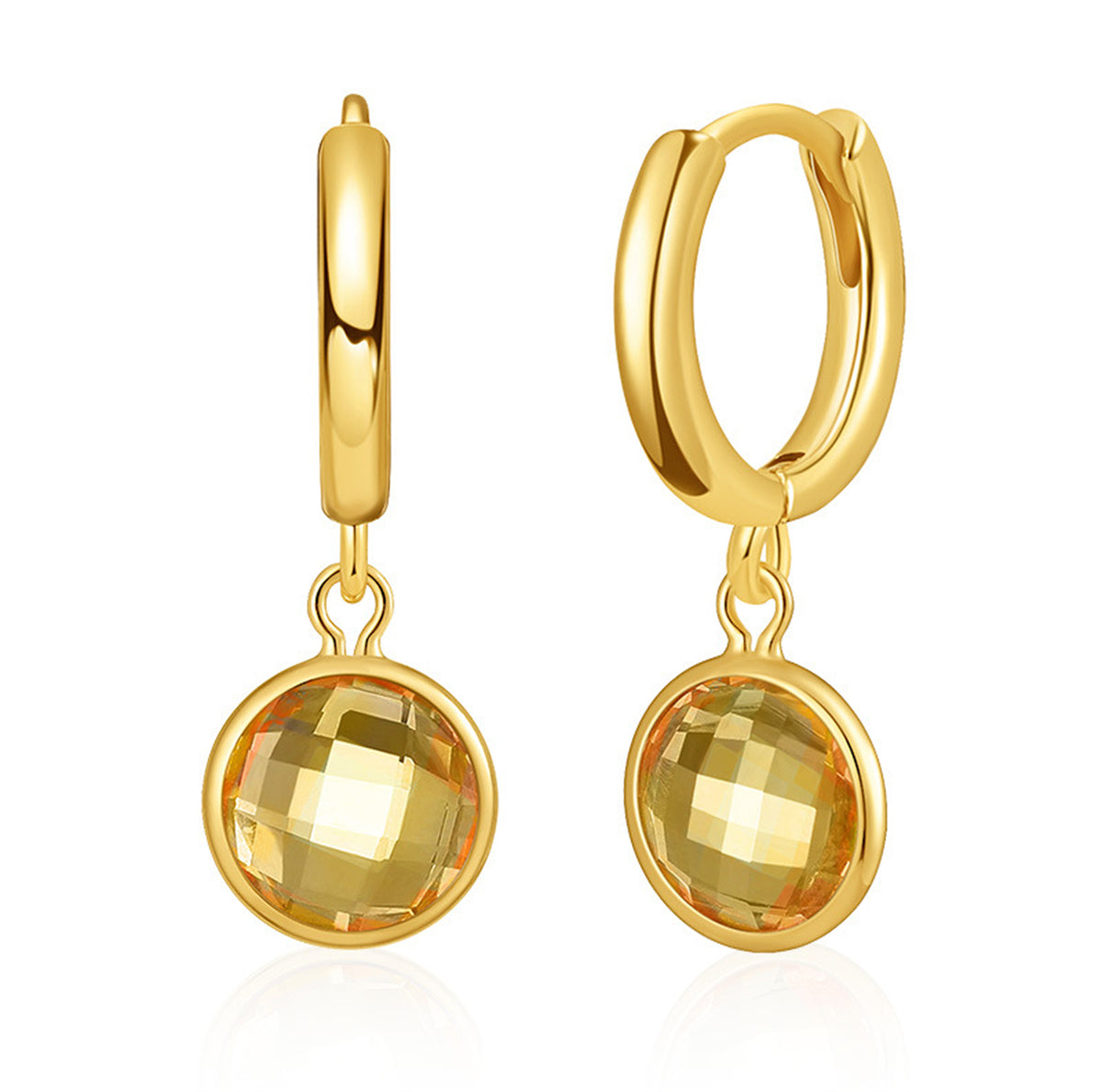 Yellow gold-plated huggie earrings featuring a round cut yellow crystal, elegantly designed for a sophisticated look.