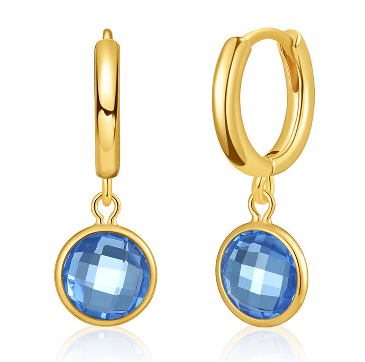 Elegant gold-tone huggie earrings featuring blue topaz stones and purple crystal accents, beautifully crafted in 18K gold plating.