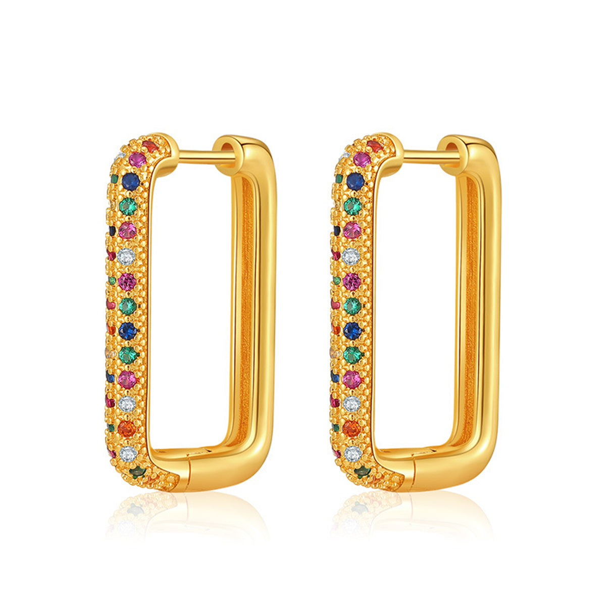 Gold-plated square earrings adorned with multicolored cubic zirconia stones, showcasing a vibrant and elegant design.