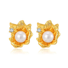 Pearl & Cubic Zirconia 18K Gold-Plated Flower Stud Earrings